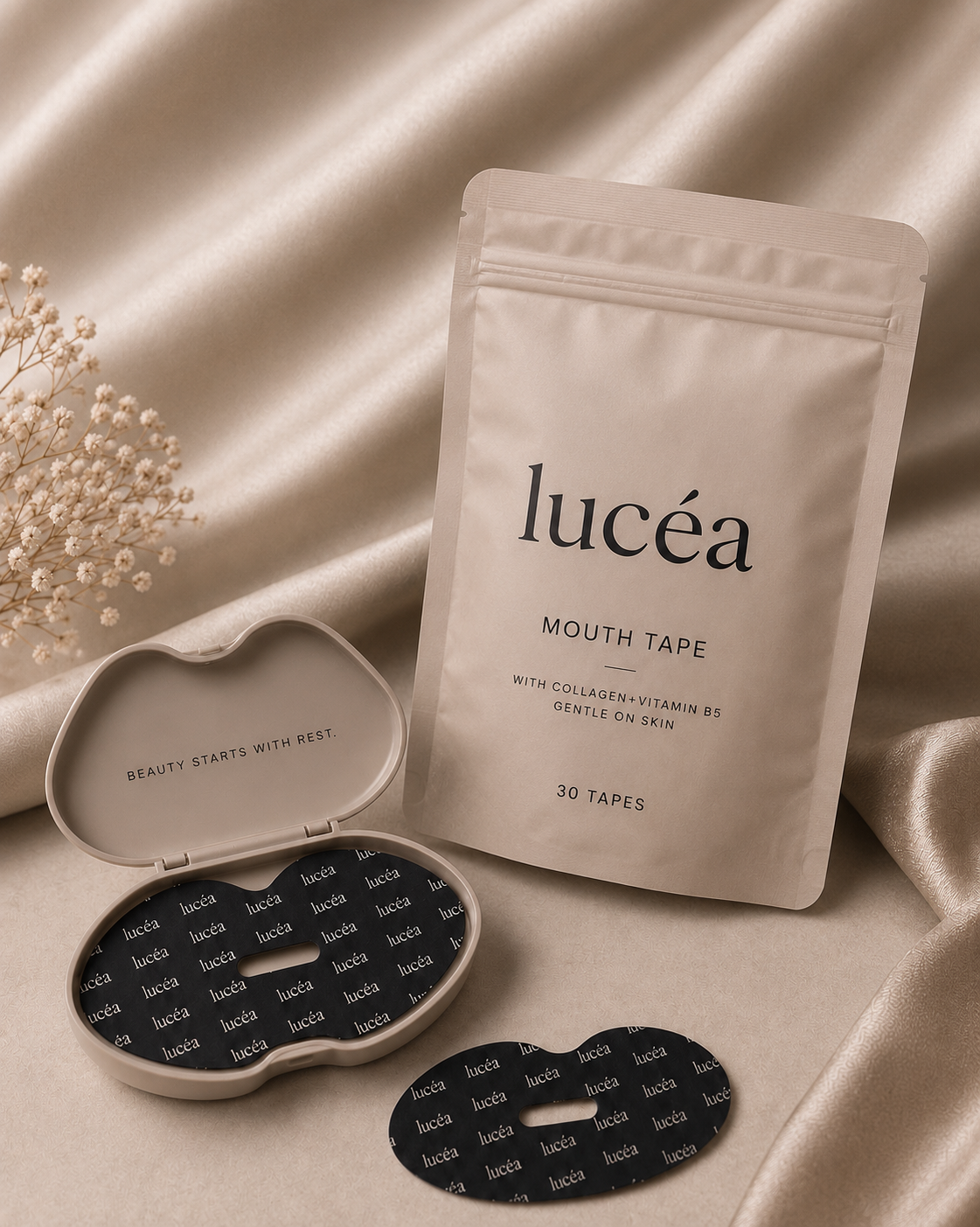 Lucéa mouth tape sachet with open case and tape on silk